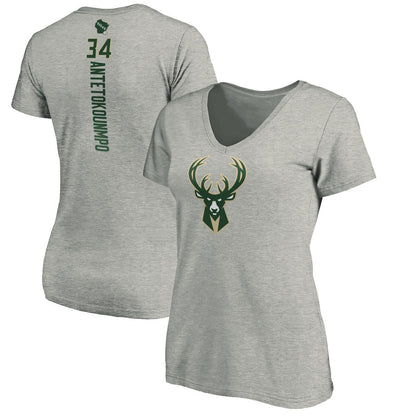 Giannis Antetokounmpo Milwaukee Bucks Women's Playmaker Name & Number V-Neck T-Shirt - Heathered Gray cheap