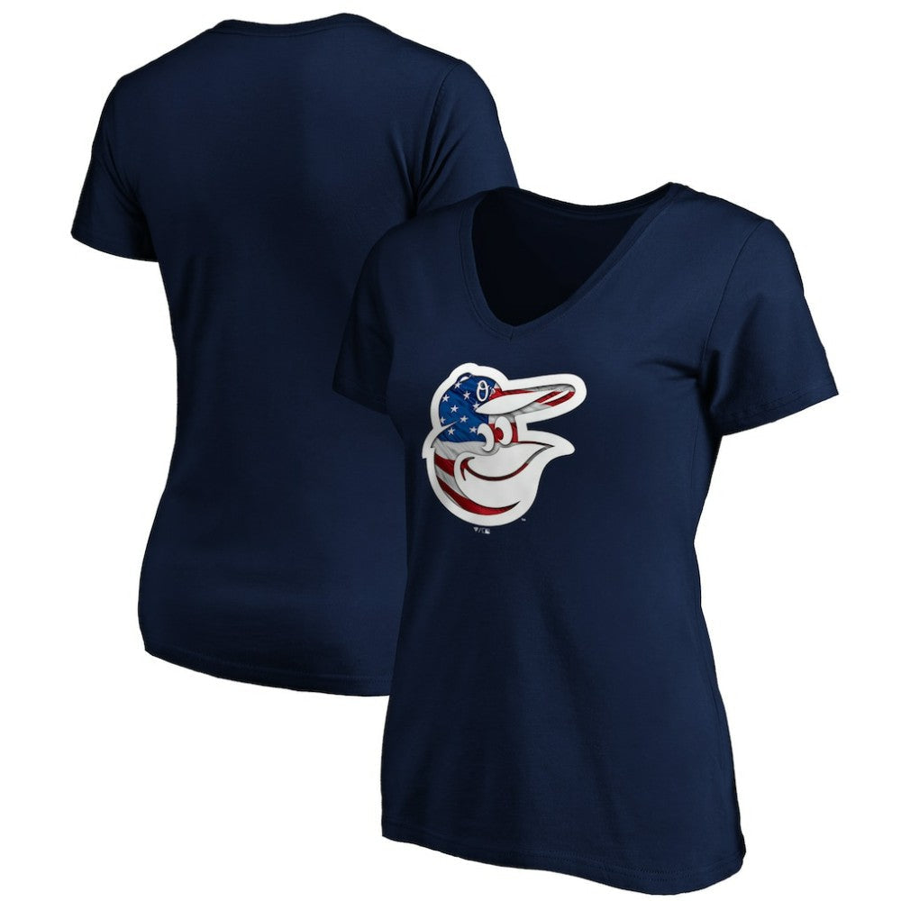 Baltimore Orioles Logo Women's Banner Wave V-Neck T-Shirt - Navy