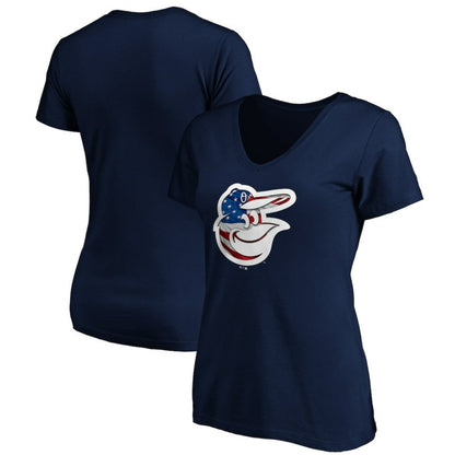 Baltimore Orioles Logo Women's Banner Wave V-Neck T-Shirt - Navy