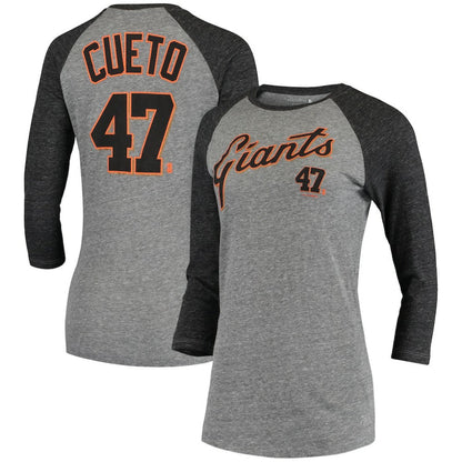 Johnny Cueto San Francisco Giants 5th & Ocean by Women's Script Name & Number Raglan Tri-Blend 3/4-Sleeve T-Shirt - Gray | New Era
