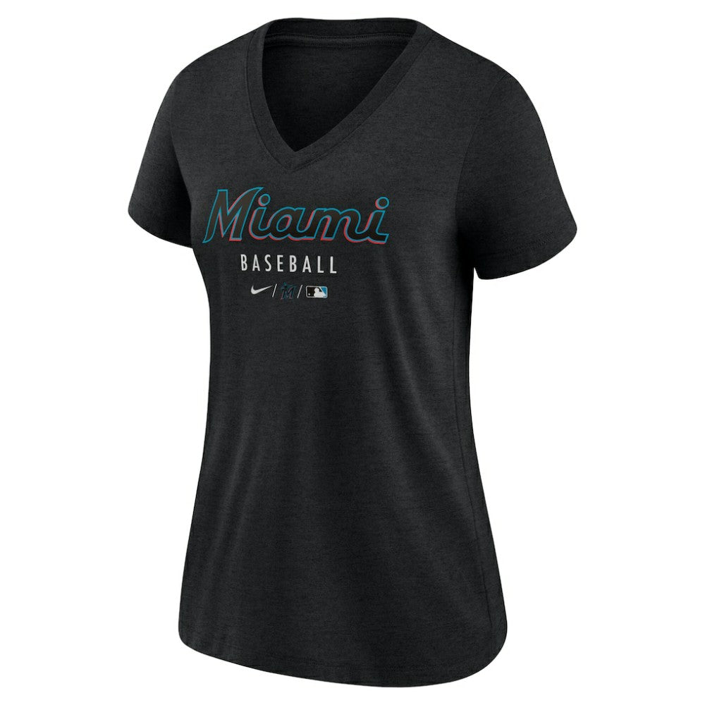 Miami Marlins Women's Authentic Collection Tri-Blend V-Neck T-Shirt - Heather Black | Nike