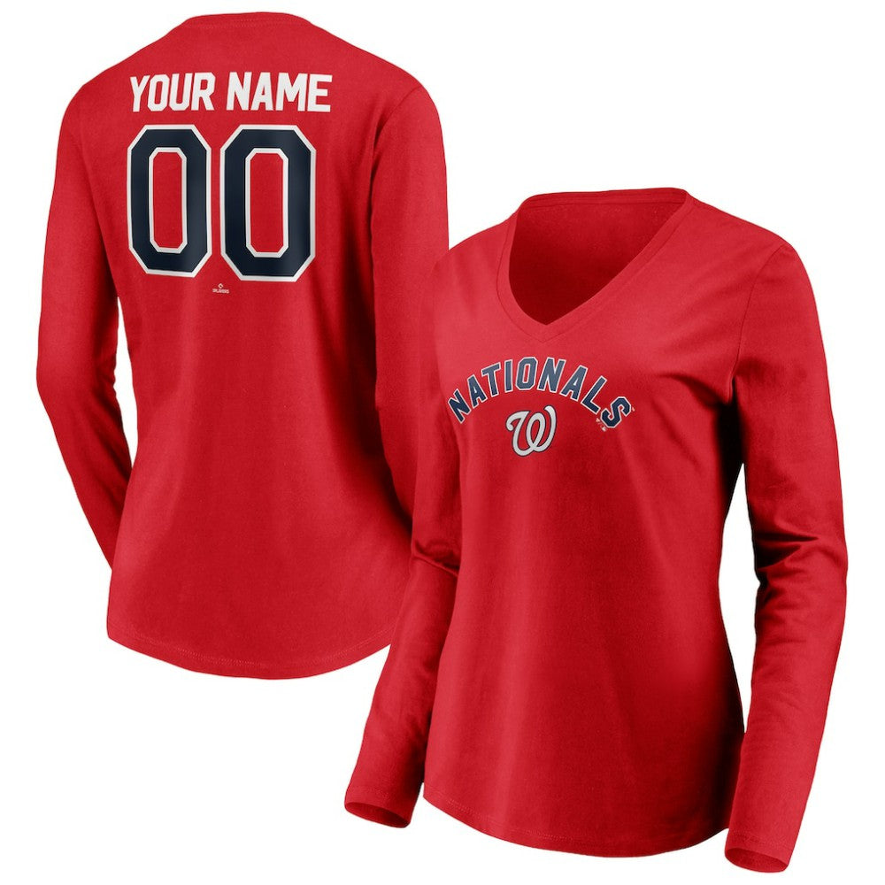 Washington Nationals Women's Personalized Winning Streak Name & Number Long Sleeve V-Neck T-Shirt - Red