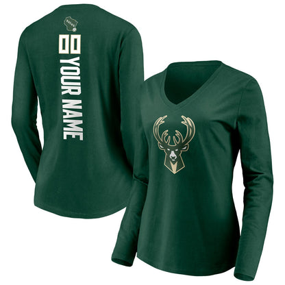 Milwaukee Bucks Women's Playmaker Personalized Name & Number Long Sleeve V-Neck T-Shirt - Hunter Green discount