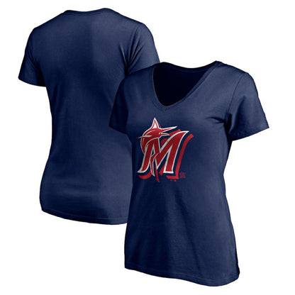 Miami Marlins Women's Red White and Team V-Neck T-Shirt - Navy