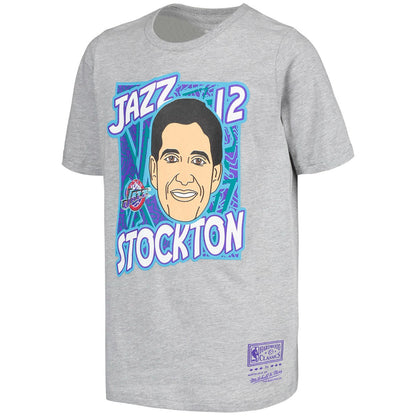 John Stockton Utah Jazz Youth Hardwood Classics King of the Court Player T-Shirt - Gray | Mitchell & Ness shop
