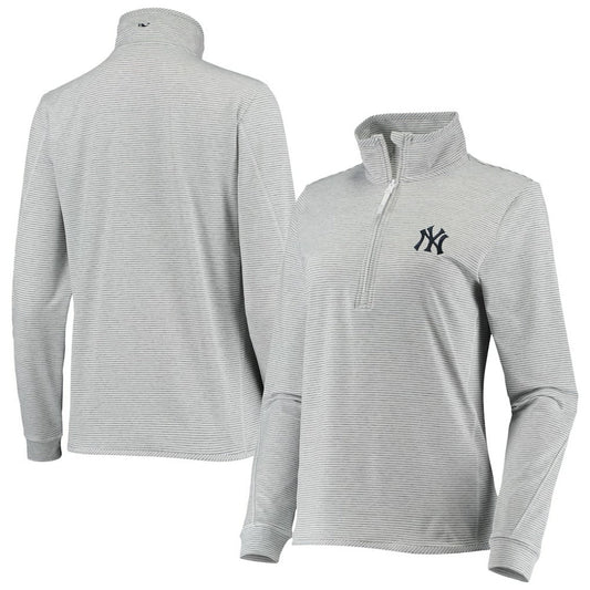 New York Yankees Vineyard Vines Women's Stripe Sankaty Half-Zip Pullover Top - Heather Gray