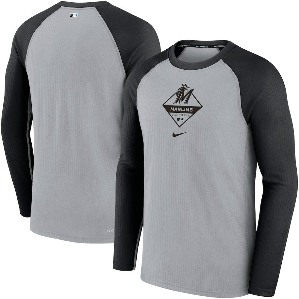 Miami Marlins Game Authentic Collection Performance Raglan Long Sleeve T-Shirt - Gray/Black | Nike