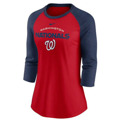 Washington Nationals Women's Modern Baseball Arch Tri-Blend Raglan 3/4-Sleeve T-Shirt - Red/Navy | Nike