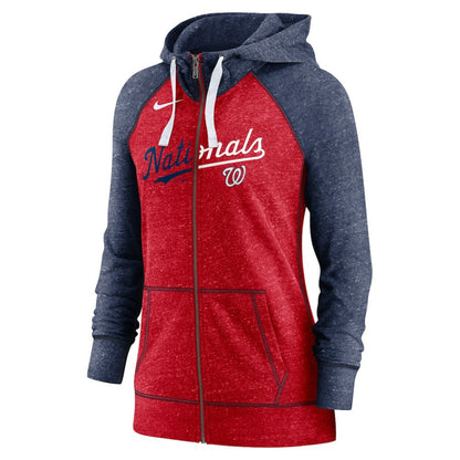 Washington Nationals Women's Split Wordmark Gym Vintage Raglan Lightweight Full-Zip Hoodie - Heather Red/Heather Navy | Nike