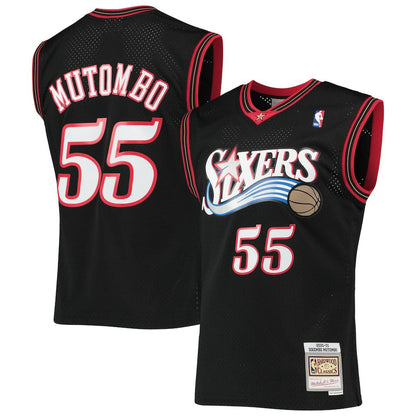 Dikembe Mutombo Philadelphia 76ers Hardwood Classics Swingman Jersey - Black | Mitchell & Ness on sale