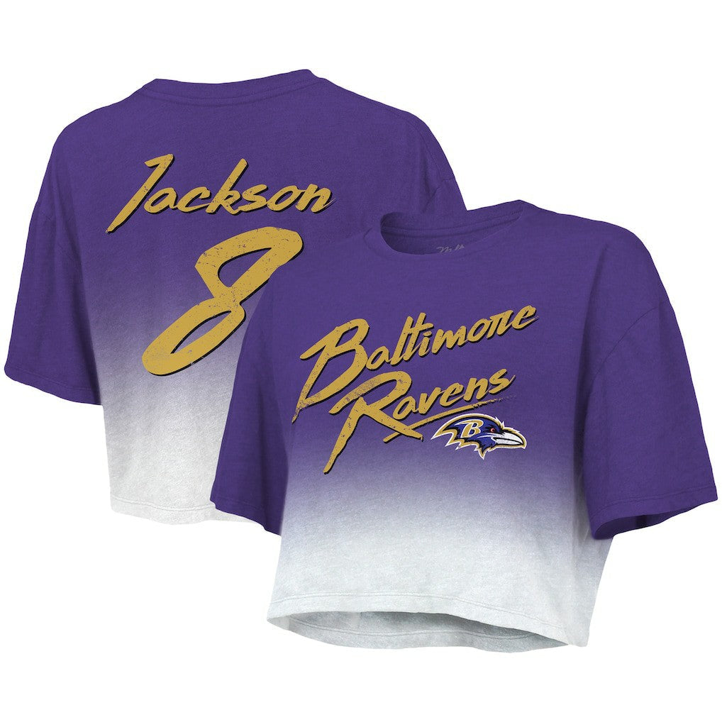 Lamar Jackson Baltimore Ravens Majestic Threads Women's Dip-Dye Player Name & Number Crop Top - Purple/White on sale