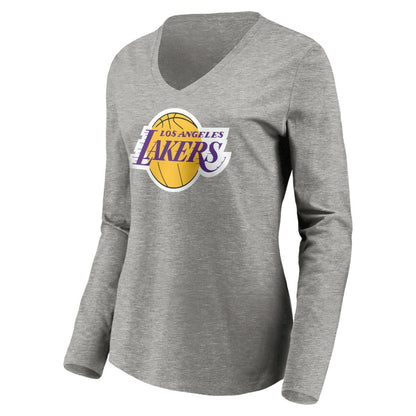LeBron James Los Angeles Lakers Women's #6 Playmaker Name & Number Long Sleeve V-Neck T-Shirt - Heathered Gray discount