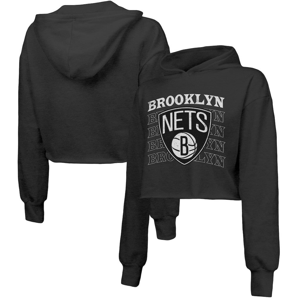 Brooklyn Nets Majestic Threads Women's Repeat Cropped Tri-Blend Pullover Hoodie - Black shop