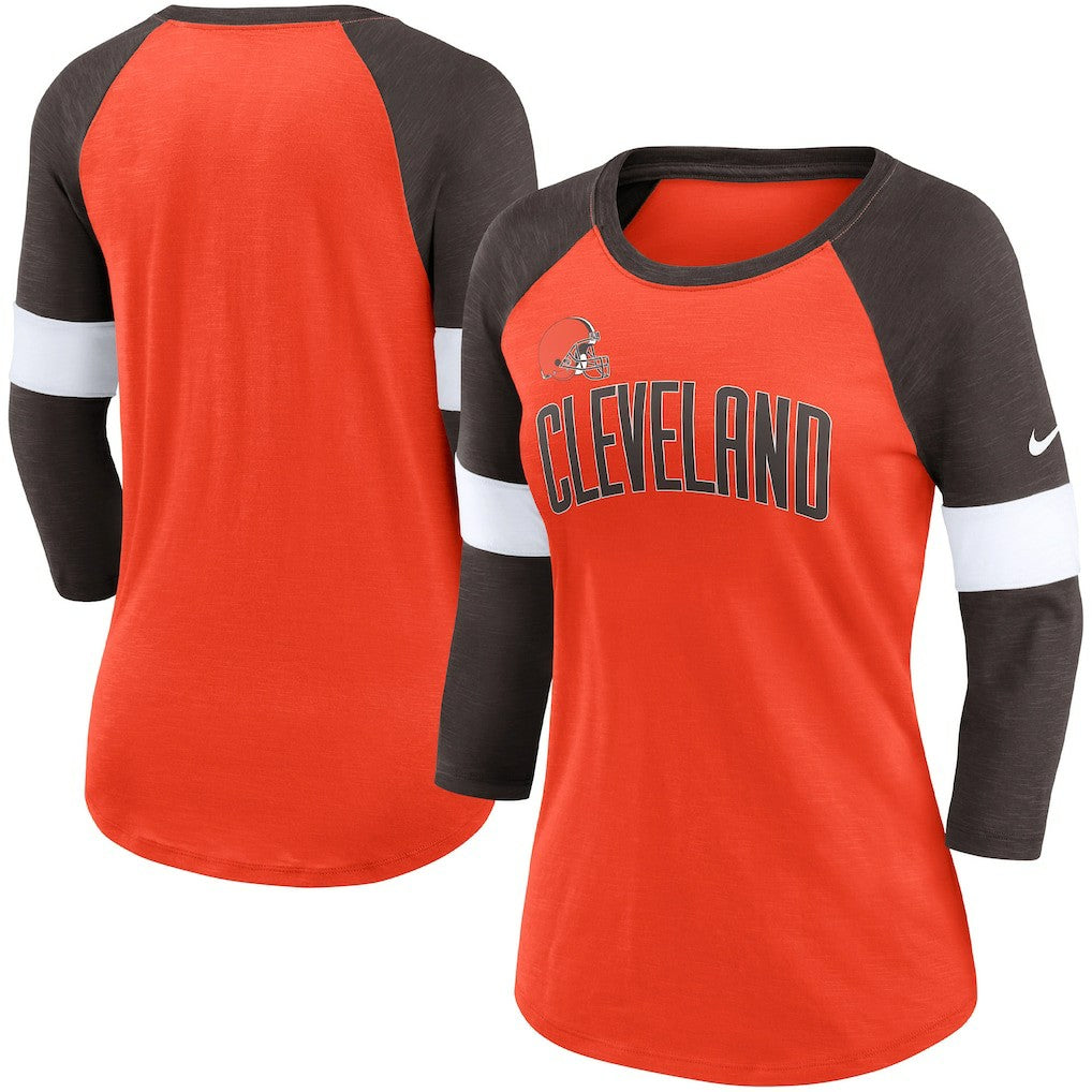 Cleveland Browns Women's Football Pride Slub 3/4 Raglan Sleeve T-Shirt - Heathered Orange/Brown | Nike sale