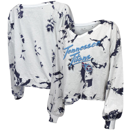 Tennessee Titans Majestic Threads Women's Off-Shoulder Tie-Dye V-Neck Long Sleeve T-Shirt - White/Navy discount