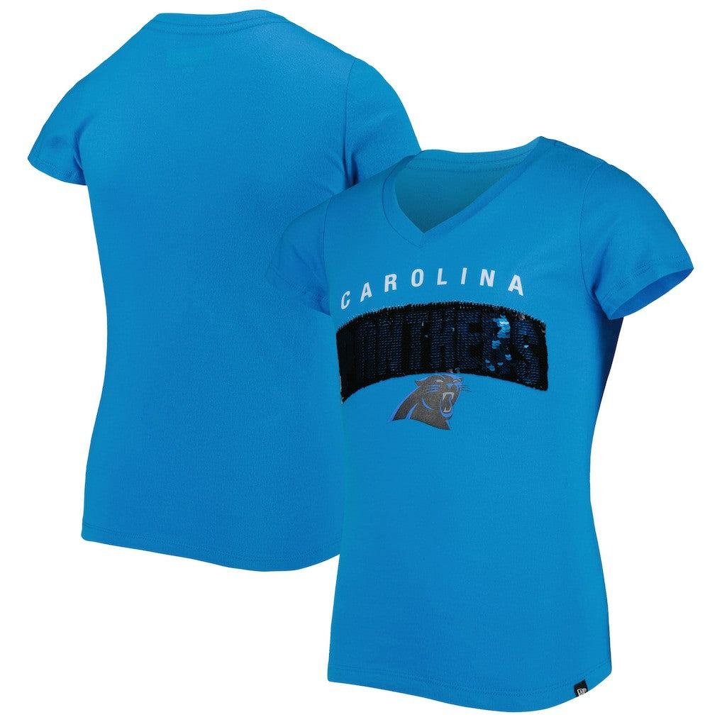 Carolina Panthers New Era Girls Youth Reverse Sequin Wordmark V-Neck T-Shirt - Blue cheap