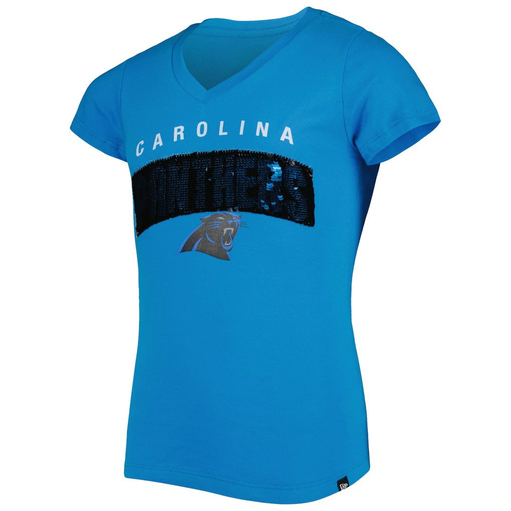 Carolina Panthers New Era Girls Youth Reverse Sequin Wordmark V-Neck T-Shirt - Blue cheap