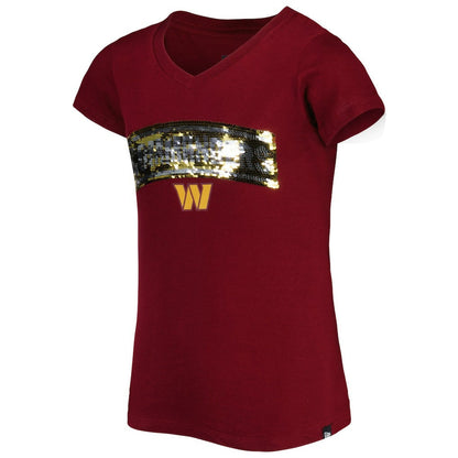 Washington Commanders New Era Girls Youth Reverse Sequin Wordmark V-Neck T-Shirt - Burgundy on sale