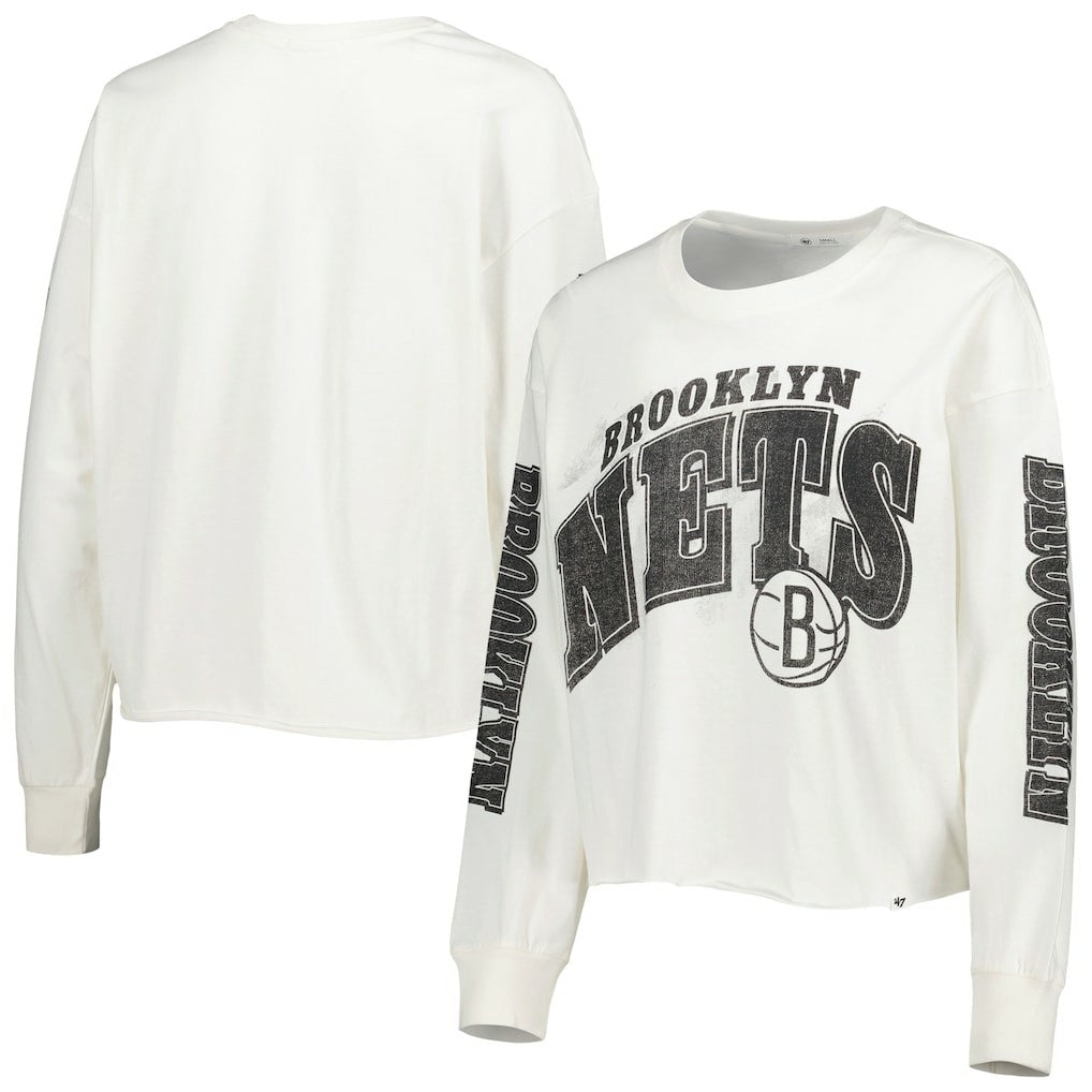 Brooklyn Nets '47 Women's Parkway Brush Back Long Sleeve Cropped T-Shirt - Cream | 47 brand outlet