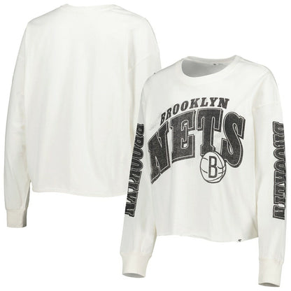 Brooklyn Nets '47 Women's Parkway Brush Back Long Sleeve Cropped T-Shirt - Cream | 47 brand outlet