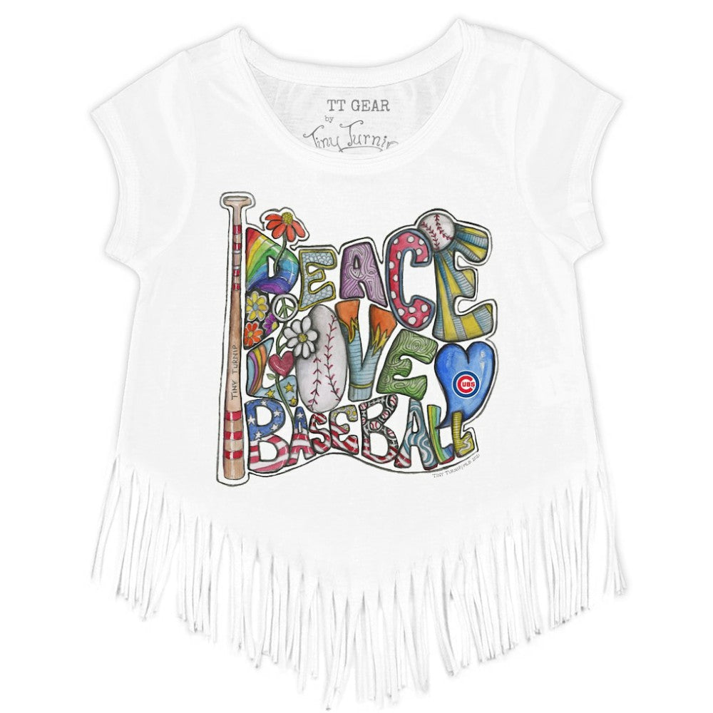 Chicago Cubs Tiny Turnip Girls Youth Peace Love Baseball Fringe T-Shirt - White