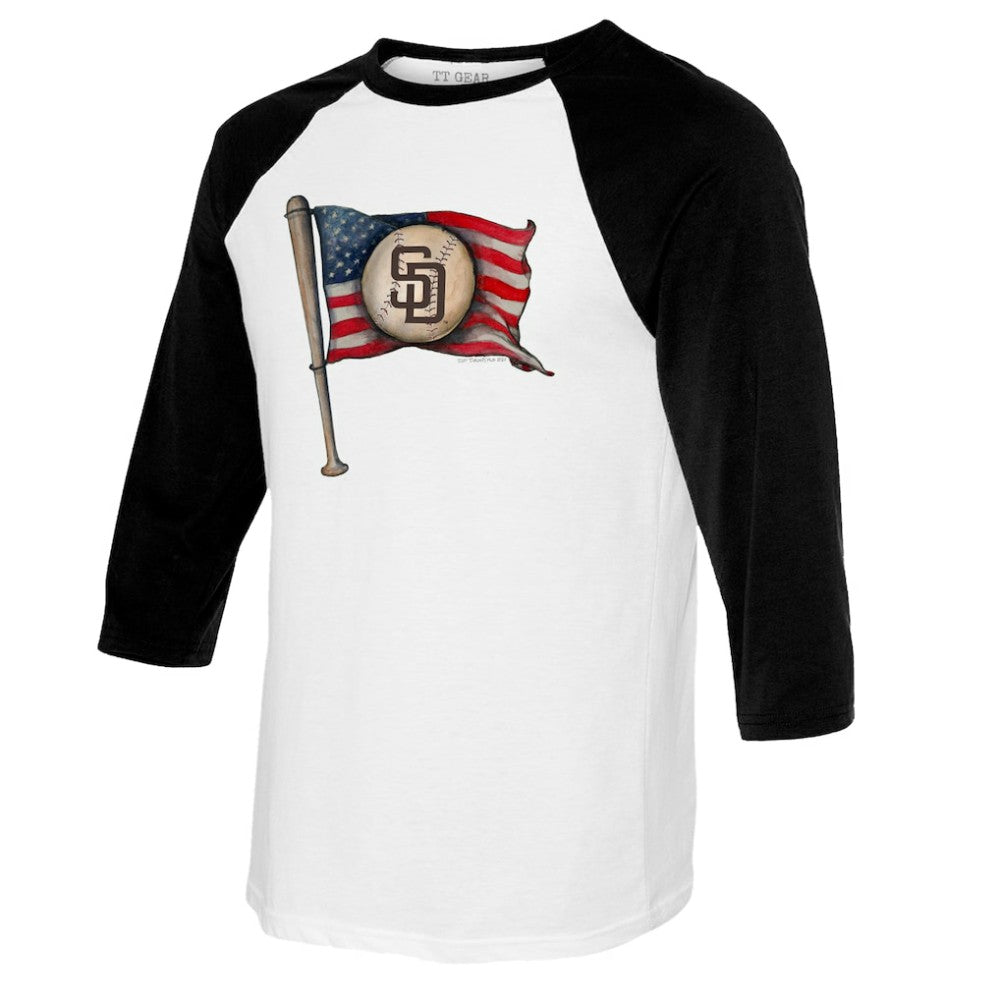 San Diego Padres Tiny Turnip Women's Baseball Flag Raglan 3/4 Sleeve T-Shirt - White/Black