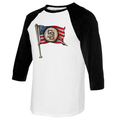 San Diego Padres Tiny Turnip Women's Baseball Flag Raglan 3/4 Sleeve T-Shirt - White/Black