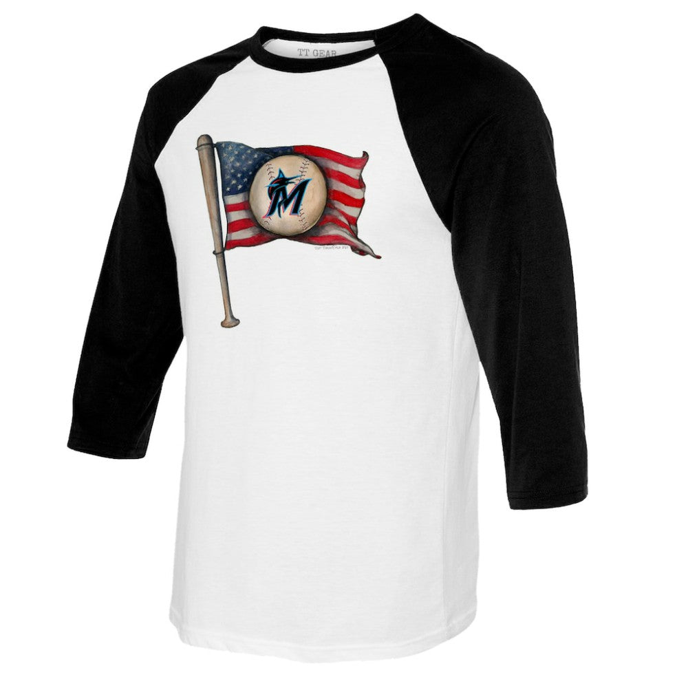 Miami Marlins Tiny Turnip Youth Baseball Flag Raglan 3/4 Sleeve T-Shirt - White/Black