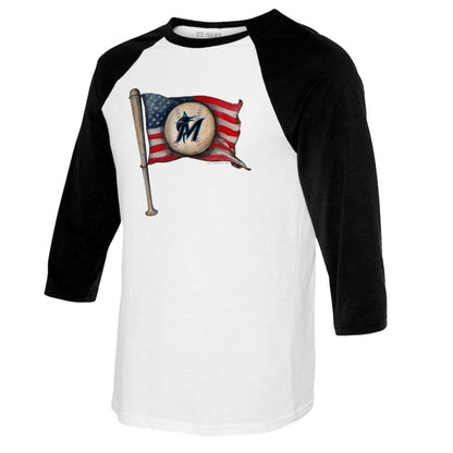 Miami Marlins Tiny Turnip Youth Baseball Flag Raglan 3/4 Sleeve T-Shirt - White/Black