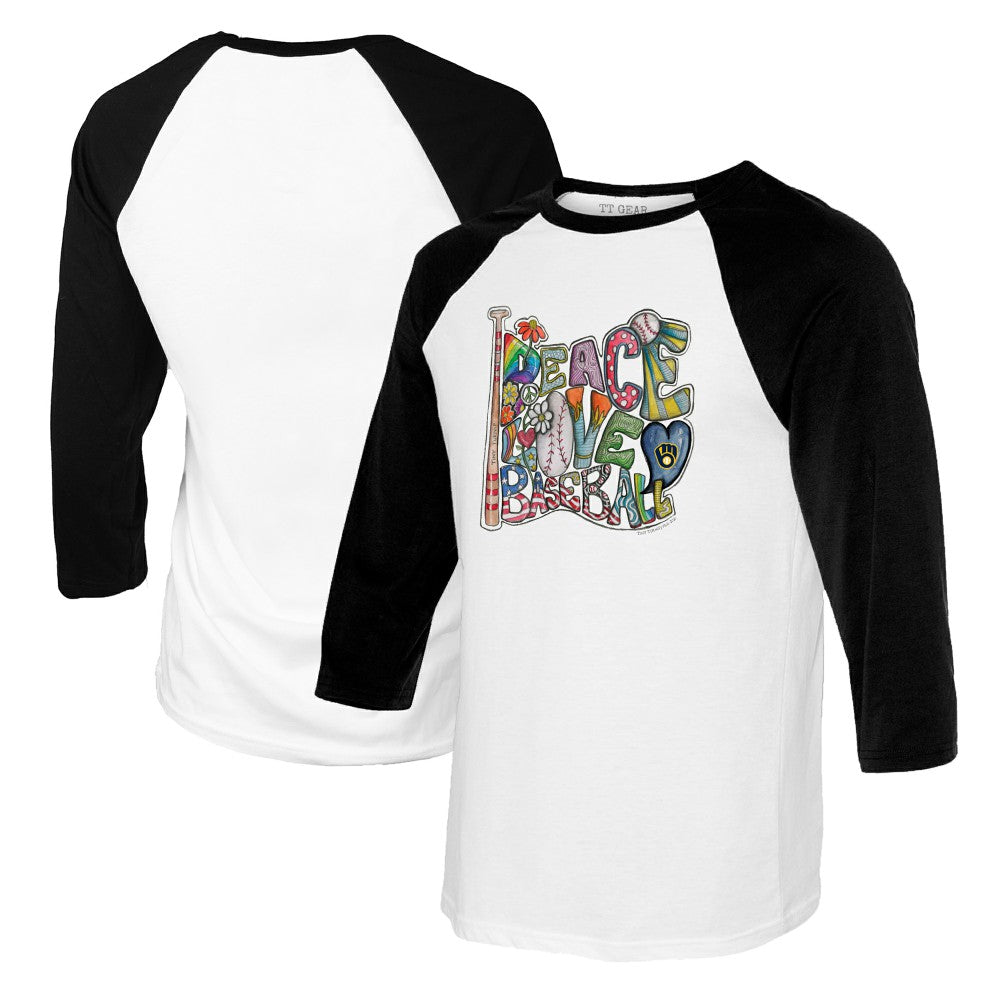 Milwaukee Brewers Tiny Turnip Women's Peace Love Baseball 3/4-Sleeve Raglan T-Shirt - White/Black
