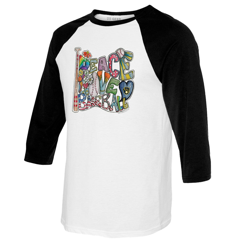 Milwaukee Brewers Tiny Turnip Women's Peace Love Baseball 3/4-Sleeve Raglan T-Shirt - White/Black