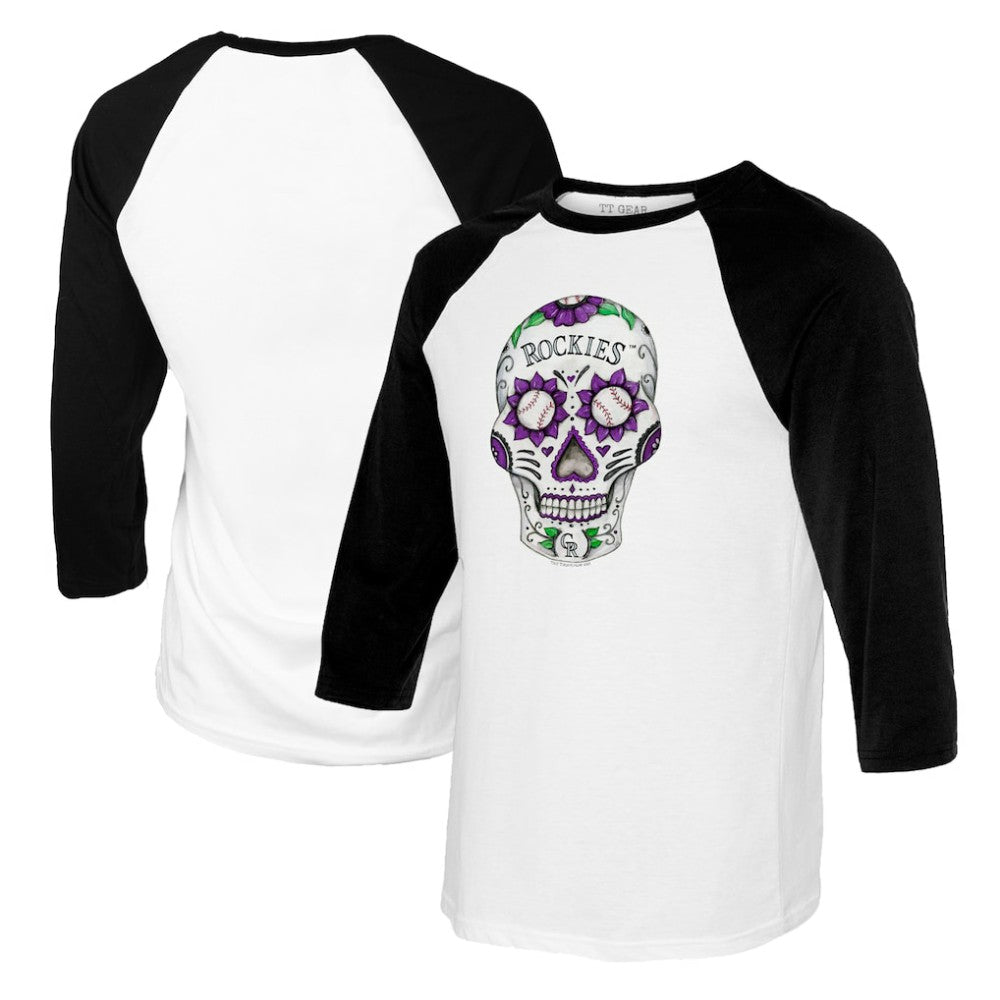 Colorado Rockies Tiny Turnip Women's Sugar Skull 3/4-Sleeve Raglan T-Shirt - White/Black