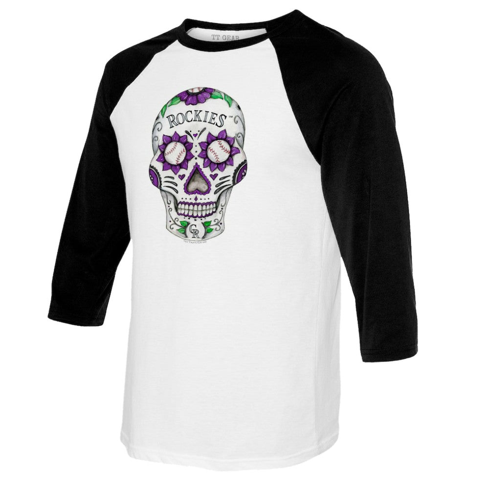 Colorado Rockies Tiny Turnip Women's Sugar Skull 3/4-Sleeve Raglan T-Shirt - White/Black
