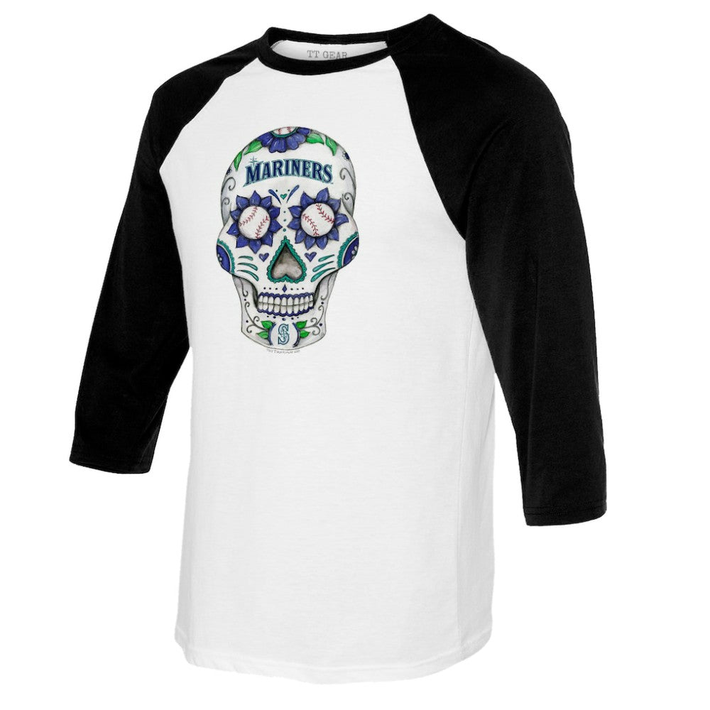 Seattle Mariners Tiny Turnip Women's Sugar Skull 3/4-Sleeve Raglan T-Shirt - White/Black