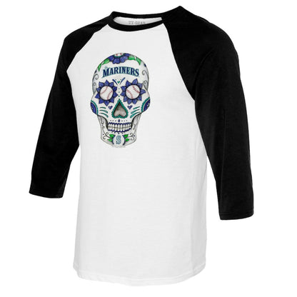 Seattle Mariners Tiny Turnip Women's Sugar Skull 3/4-Sleeve Raglan T-Shirt - White/Black