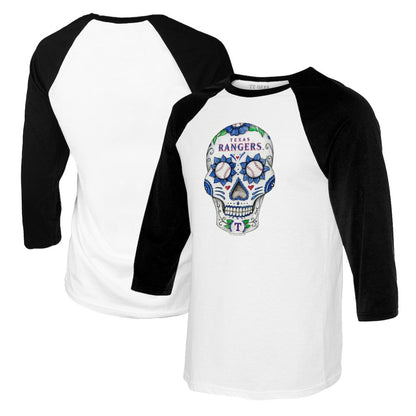 Texas Rangers Tiny Turnip Women's Sugar Skull 3/4-Sleeve Raglan T-Shirt - White/Black