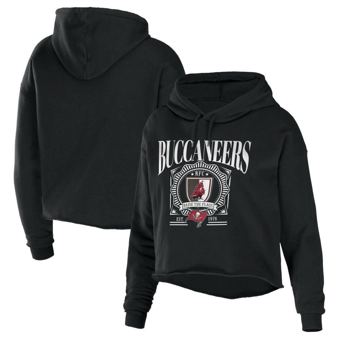 Tampa Bay Buccaneers WEAR by Erin Andrews Women's Cropped Sponge Fleece Pullover Hoodie - Black on sale
