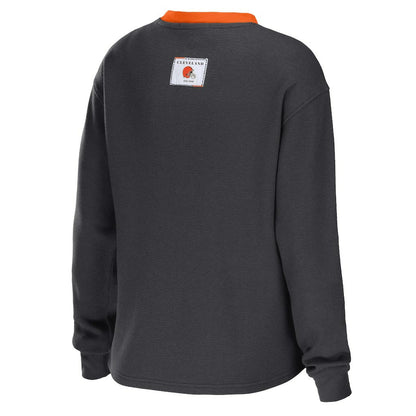 Cleveland Browns WEAR by Erin Andrews Women's Waffle Henley Long Sleeve T-Shirt - Charcoal sale