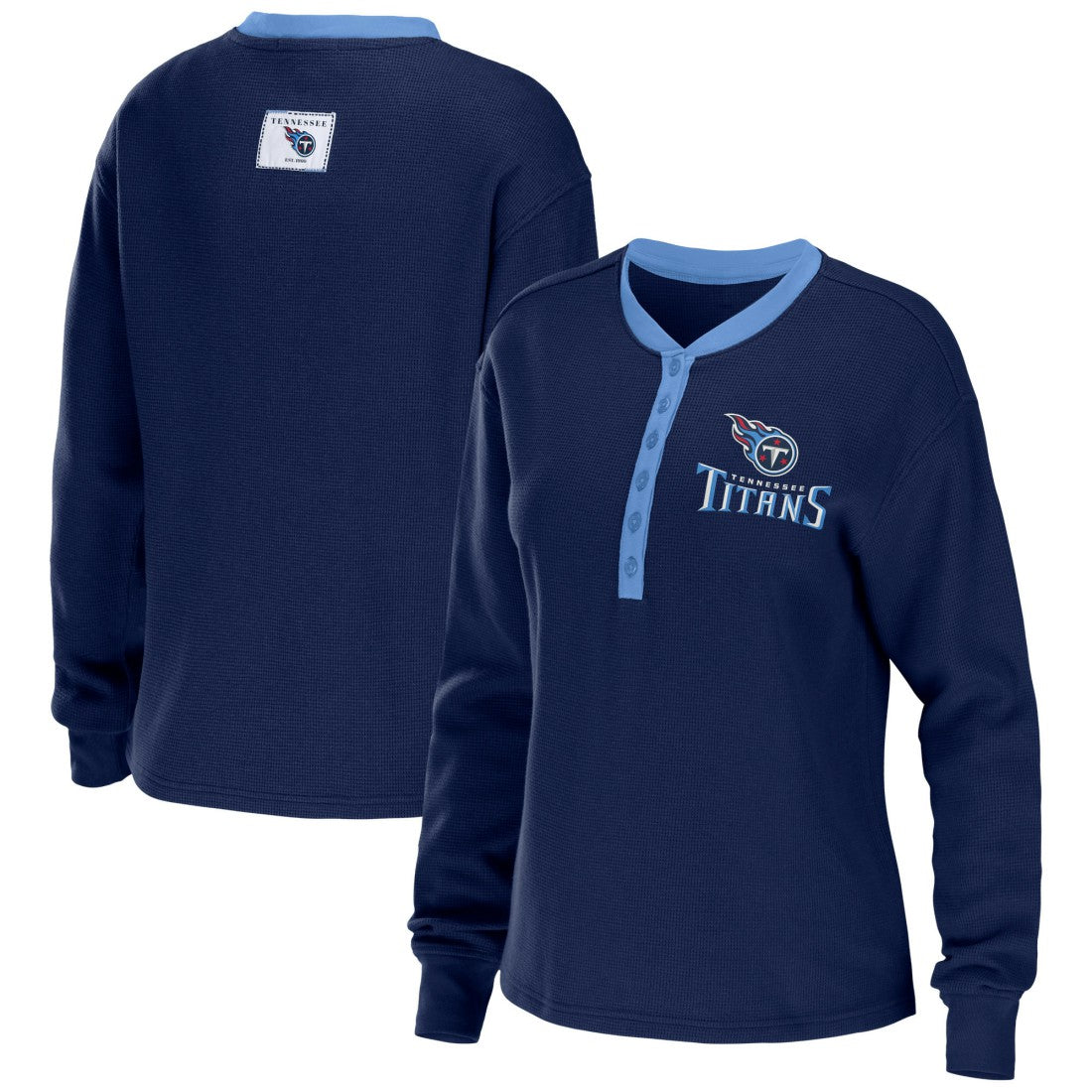 Tennessee Titans WEAR by Erin Andrews Women's Waffle Henley Long Sleeve T-Shirt - Navy outlet