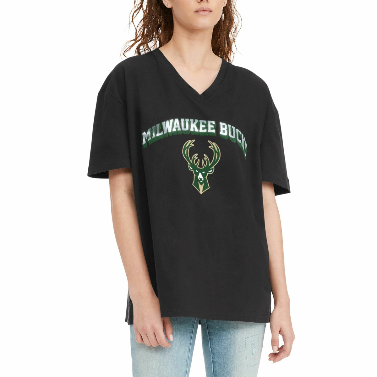 Milwaukee Bucks Tommy Jeans Women's Ashley V-Neck T-Shirt - Black on sale