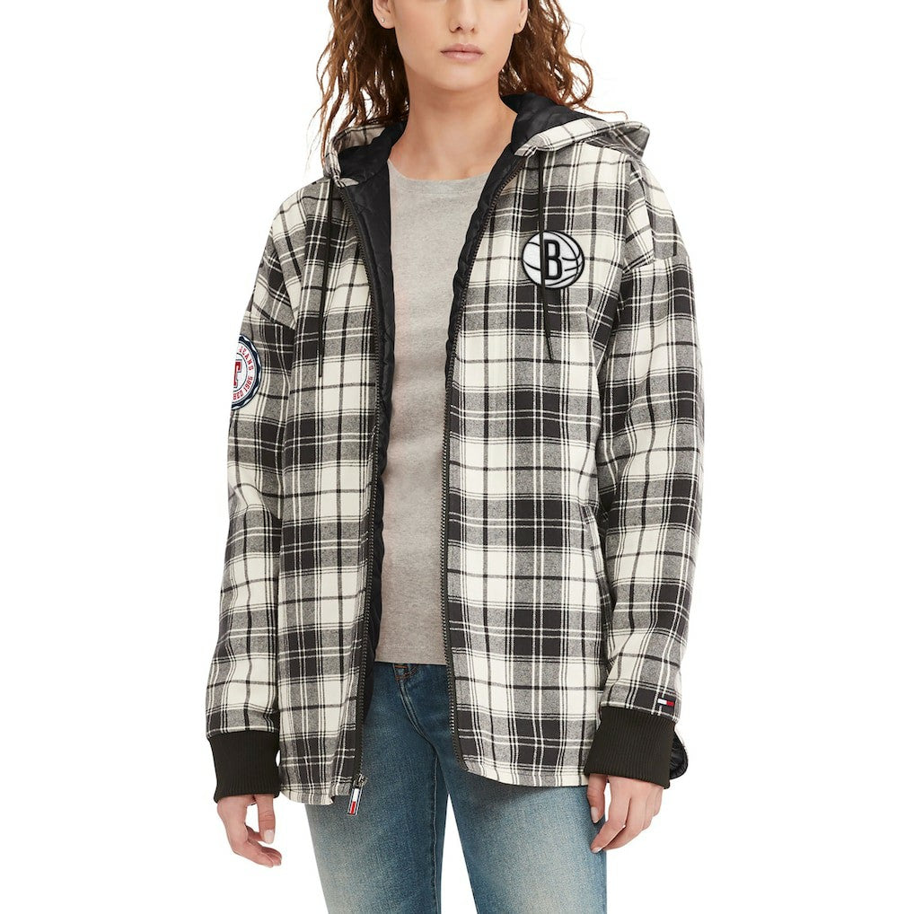 Brooklyn Nets Tommy Jeans Women's Molly Flannel Full-Zip Hoodie - Black/Cream outlet
