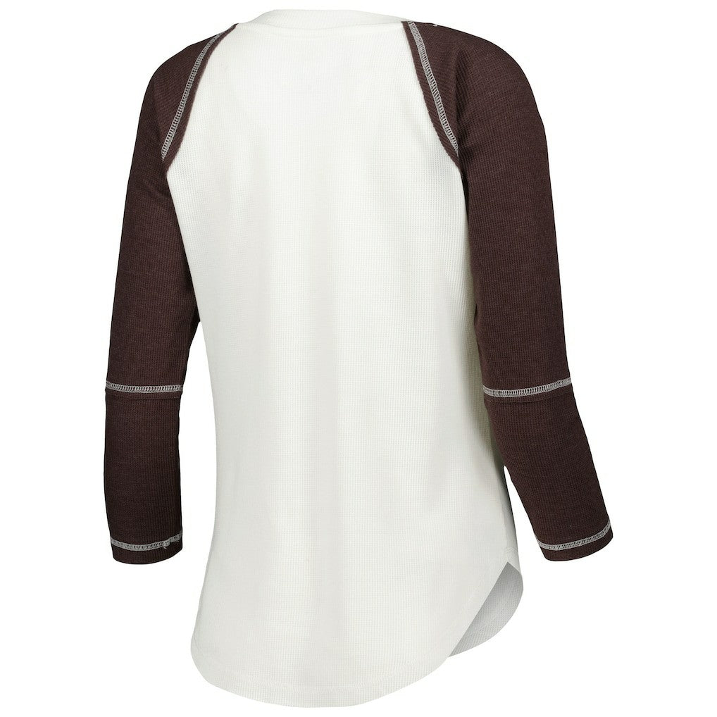 Cleveland Browns Touch Women's Rebel Raglan Tri-Blend 3/4-Sleeve Lace-Up V-Neck T-Shirt - White/Brown on sale