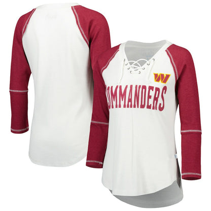 Washington Commanders Touch Women's Rebel Raglan Tri-Blend 3/4-Sleeve Lace-Up V-Neck T-Shirt - White/Burgundy online
