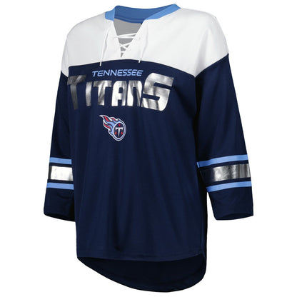 Tennessee Titans G-III 4Her by Carl Banks Women's Double Team 3/4-Sleeve Lace-Up T-Shirt - Navy/White on sale