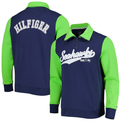 Seattle Seahawks Tommy Hilfiger Aiden Quarter-Zip Sweatshirt - College Navy/Neon Green for sale