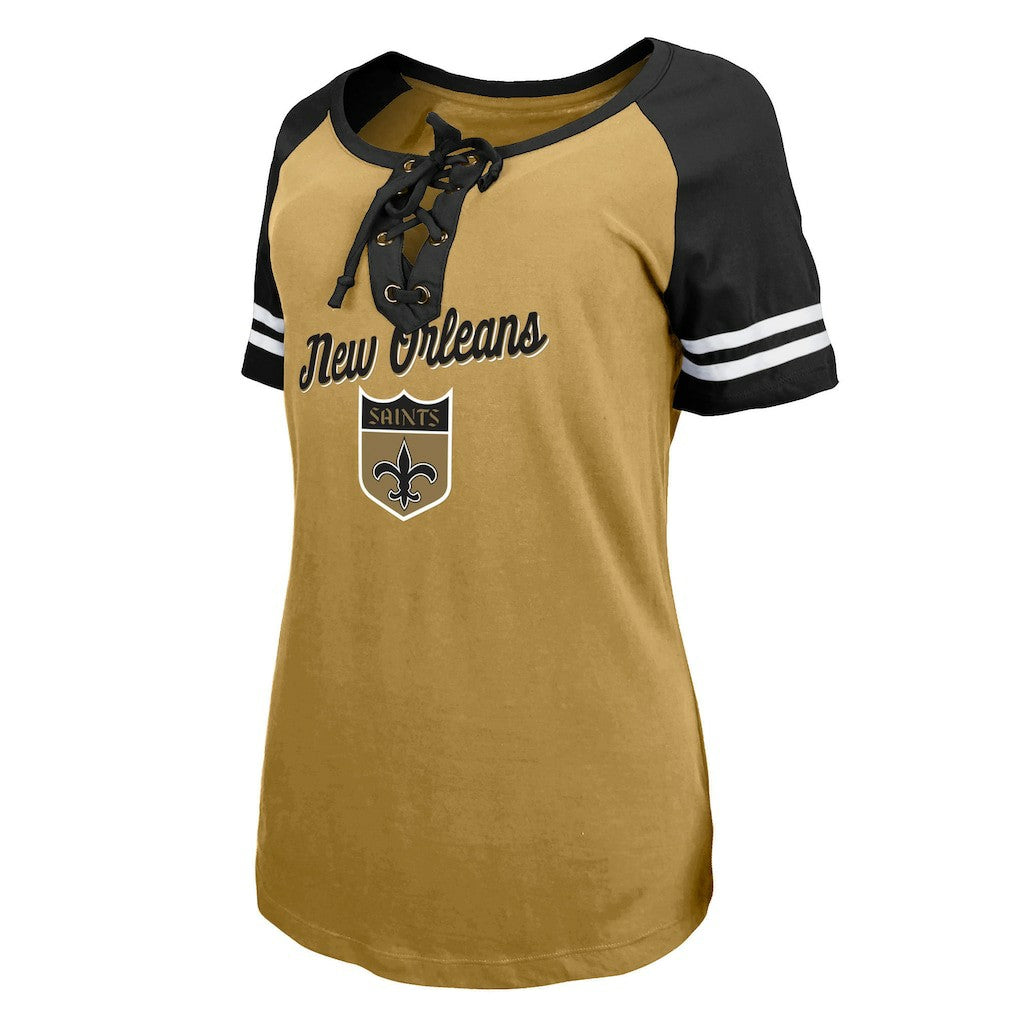 New Orleans Saints New Era Women's Legacy Lace-Up Raglan T-Shirt - Gold/Black discount