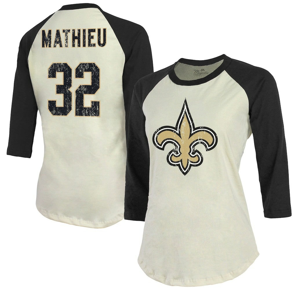 Tyrann Mathieu New Orleans Saints Majestic Threads Women's Player Name & Number Tri-Blend Three-Quarter Sleeve T-Shirt - Cream for sale