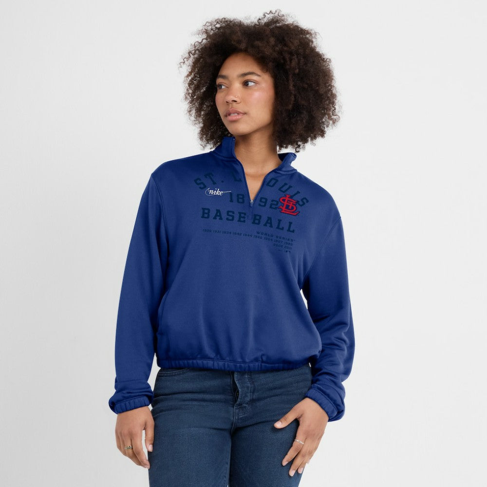 St. Louis Cardinals Women's Rewind Splice Half-Zip Semi-Cropped Bubble Hem Sweatshirt - Royal | Nike
