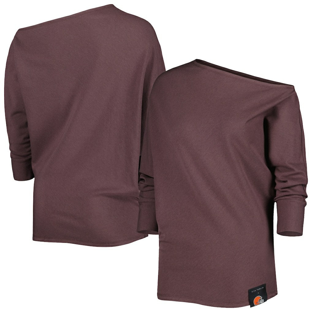 Cleveland Browns KIYA TOMLIN Women's Twisted Tri-Blend Asymmetrical 3/4-Dolman Sleeve Sweatshirt - Brown on sale