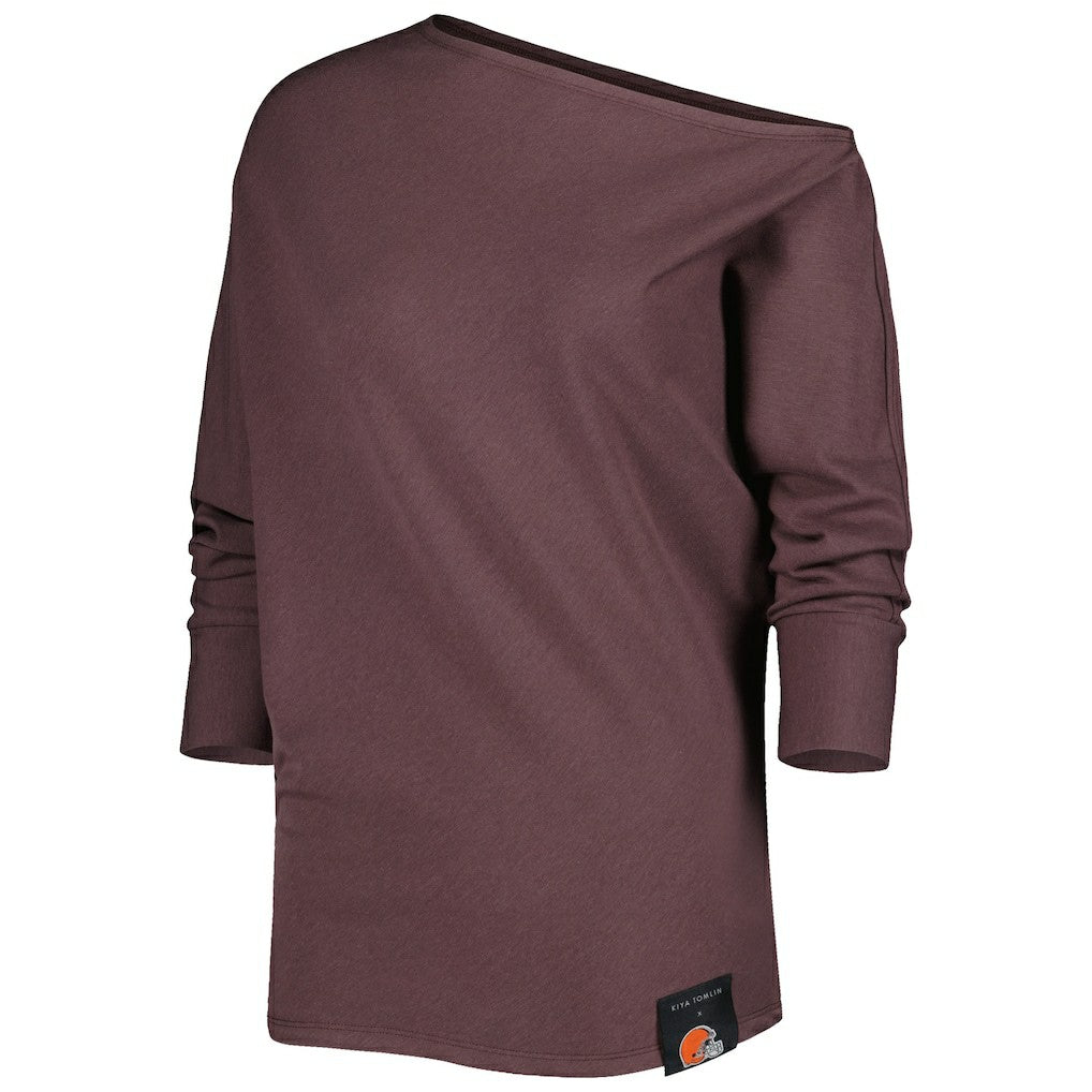 Cleveland Browns KIYA TOMLIN Women's Twisted Tri-Blend Asymmetrical 3/4-Dolman Sleeve Sweatshirt - Brown on sale